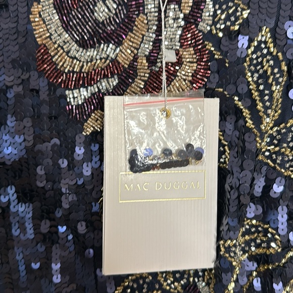 Mac Duggal SEQUINED ASYMMETRICAL FLORAL LONG SLEEVE MIDI DRESS in midnight - Picture 12 of 17